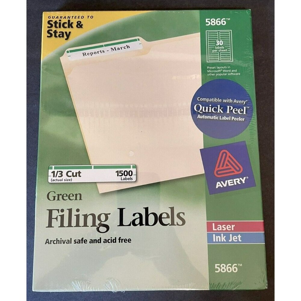NIB Avery 5866 Green Filing Labels 1/3 Cut 1500 Labels Laser Ink Jet Acid-Free